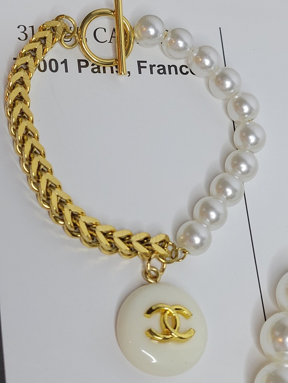 Gold Plated/pearl Toggle Bracelet CC, 6.75", New
